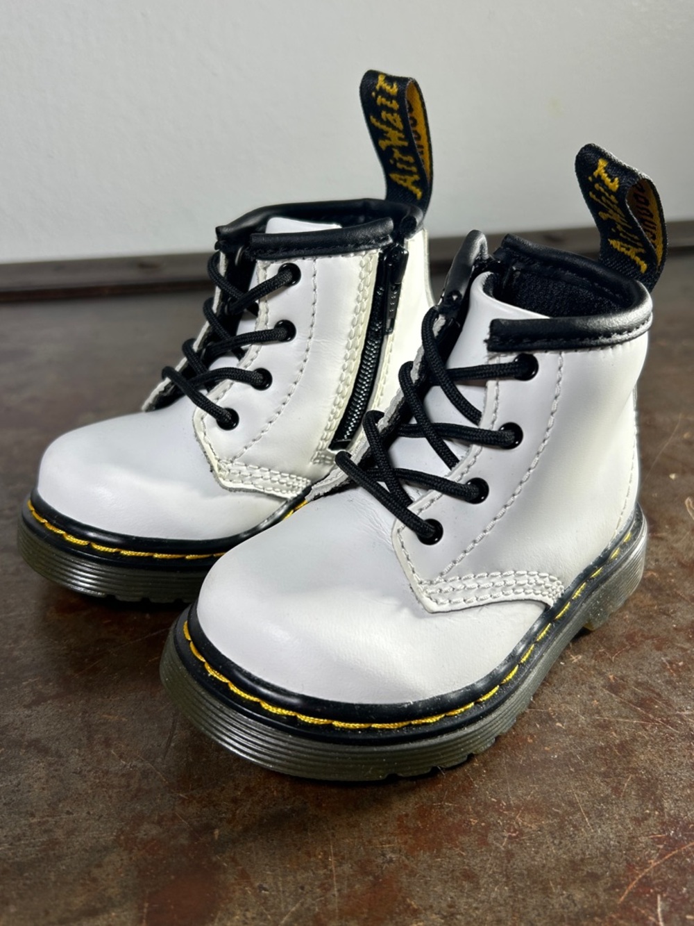 Dr. Martens White Leather Boots Black Accents Yellow Stitching Toddler Size US 4